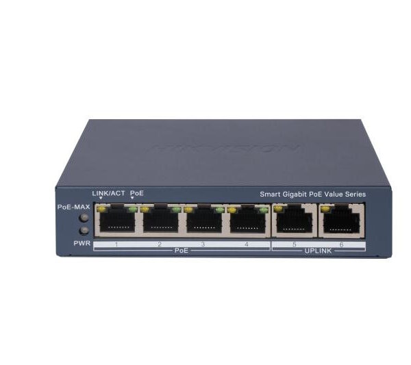 HIKVISION SWITCH L2, SMART MANAGED, 4 GIGABIT RJ45 POE PORTS, 2 GIGABIT RJ45 PORT, 802.3AF/AT, POE P
