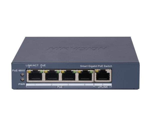 HIKVISION SWITCH L2, SMART MANAGED, 4 GIGABIT RJ45 POE PORTS, 1 GIGABIT RJ45 PORT, 802.3AF/AT, POE P