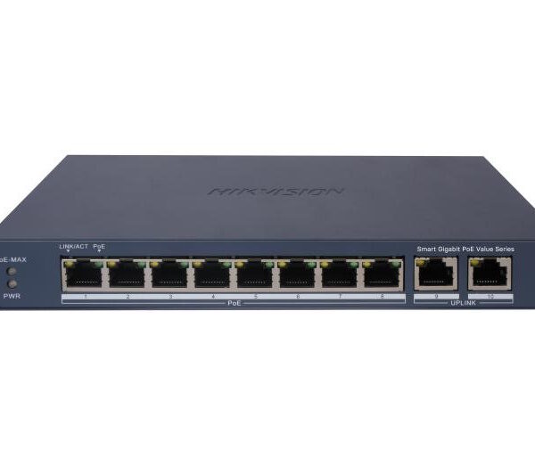 HIKVISION SWITCH L2, SMART MANAGED, 8 GIGABIT RJ45 POE PORTS, 2 GIGABIT RJ45 PORT, 802.3AF/AT, POE P