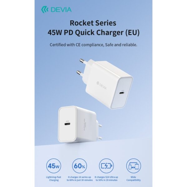 Caricatore ac/usb devia 1 uscita type c 45w rapido bianco