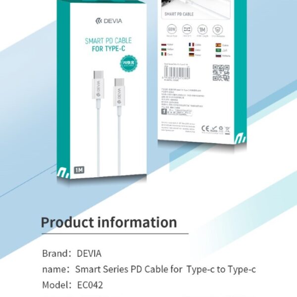 Cavo usb type-c 2.0 maschio/maschio 3a 60w 1mt. devia bianco