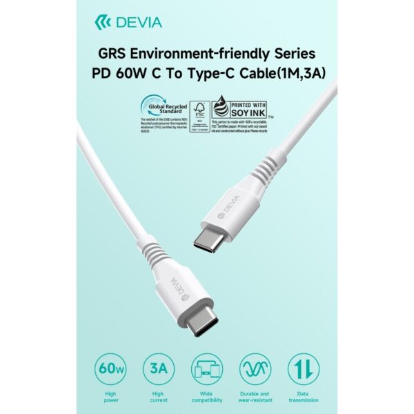 Cavo type c certificato eco grs 60w ric. rapida devia 1mt bianco