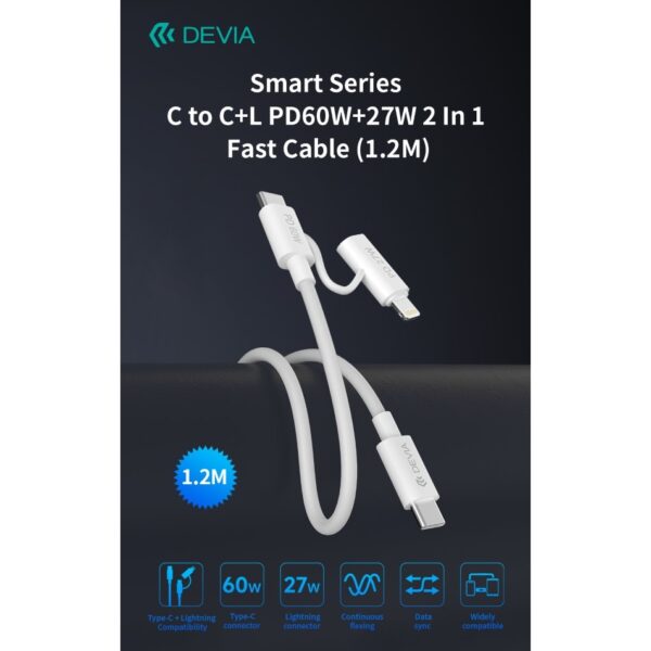 Cavo 2in1 da type c a type c e lightning devia 1,2mt 60w nero