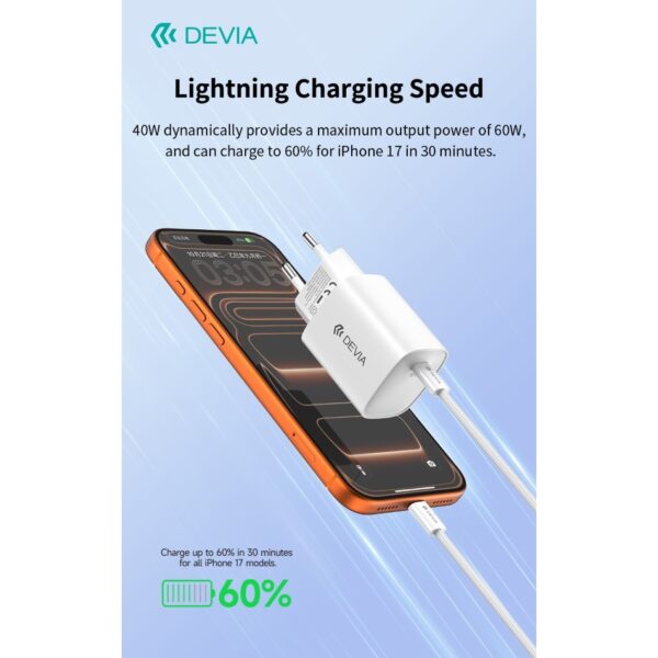 Caricatore ac/usb type-c devia 40w (max 60w) gan +cavo type-c