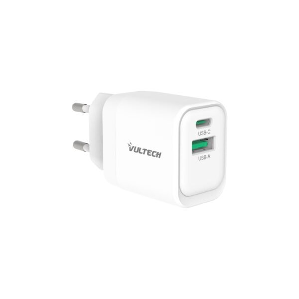 VULTECH CARICATORE ADATTATORE UNIVERSALE, 1 X TYPE-C PD30 E 1 X USB QC3.0, GAN PPS 33W, BIANCO COMPA