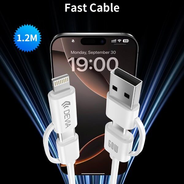 Cavo 4in1 da usb-a+type c a type c+lightning devia 60w pd 1,2mt