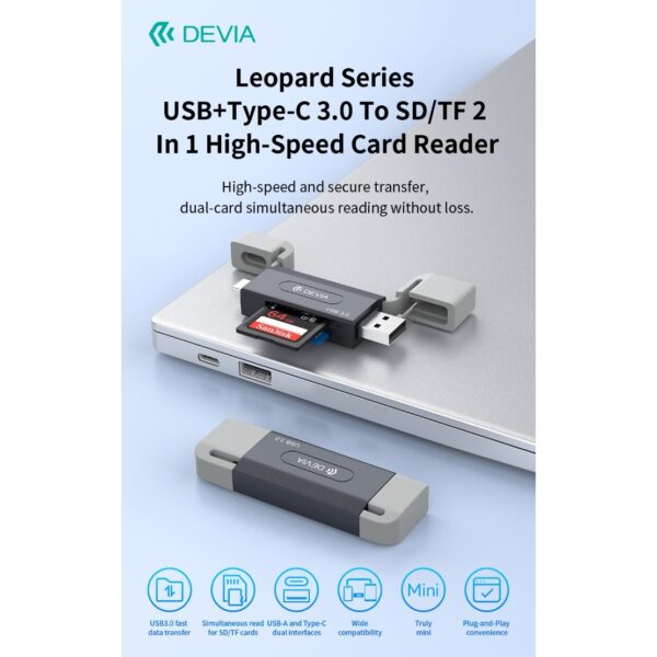 Lettore card usb+type-c devia leopard con 1*sd 1*microsd