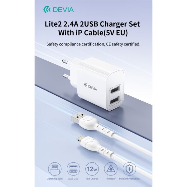 Caricatore ac/usb devia 2*usb 12w +cavo apple lightning bianco