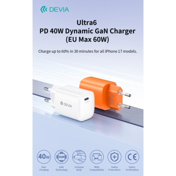 Caricatore ac/usb type-c devia 40w (max 60w) gan ultra fast wh