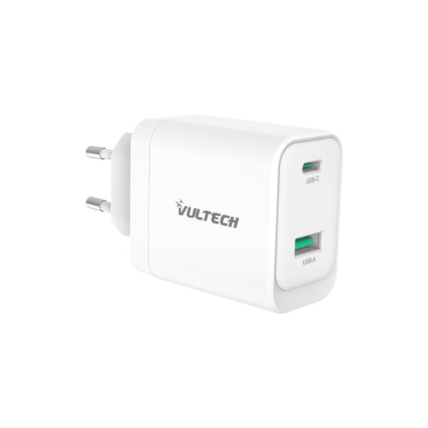 VULTECH CARICATORE ADATTATORE UNIVERSALE, 1 X TYPE-C, 1 X USB PD45 GAN PPS 45W QC3.0, BIANCO COMPATT