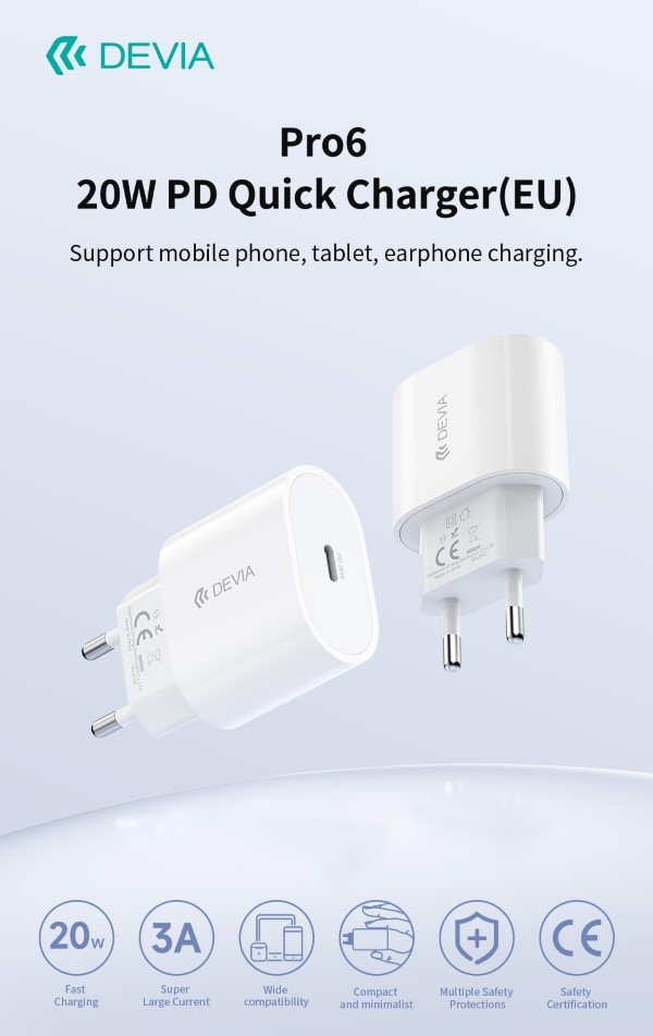 Caricatore ac/usb type-c devia pro6 20w carica rapida pd bianco